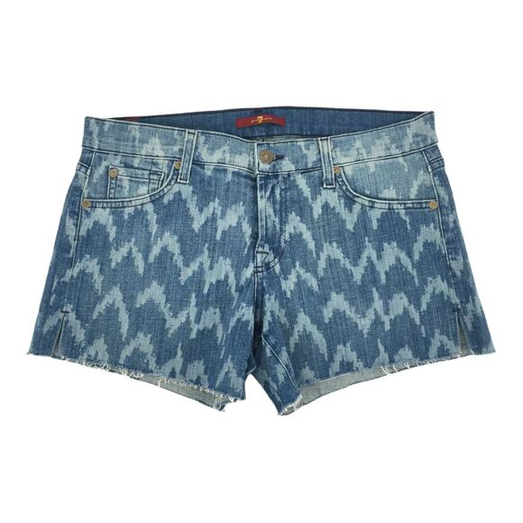 7 For All Mankind Mid Rise Ikat Print Cut Off Jean Shorts 27 Blue Zig Zag Denim - Picture 1 of 9